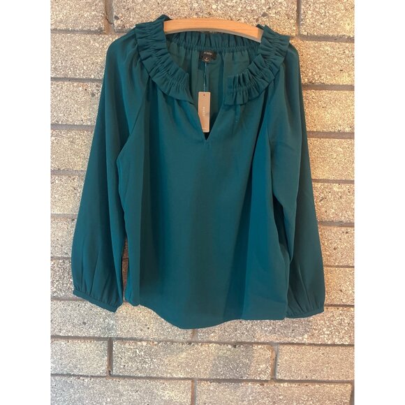 J.Crew Womens Teal Ruffled Collar Long Sleeve Blouse S Lightweight Polyester - Picture 1 of 6